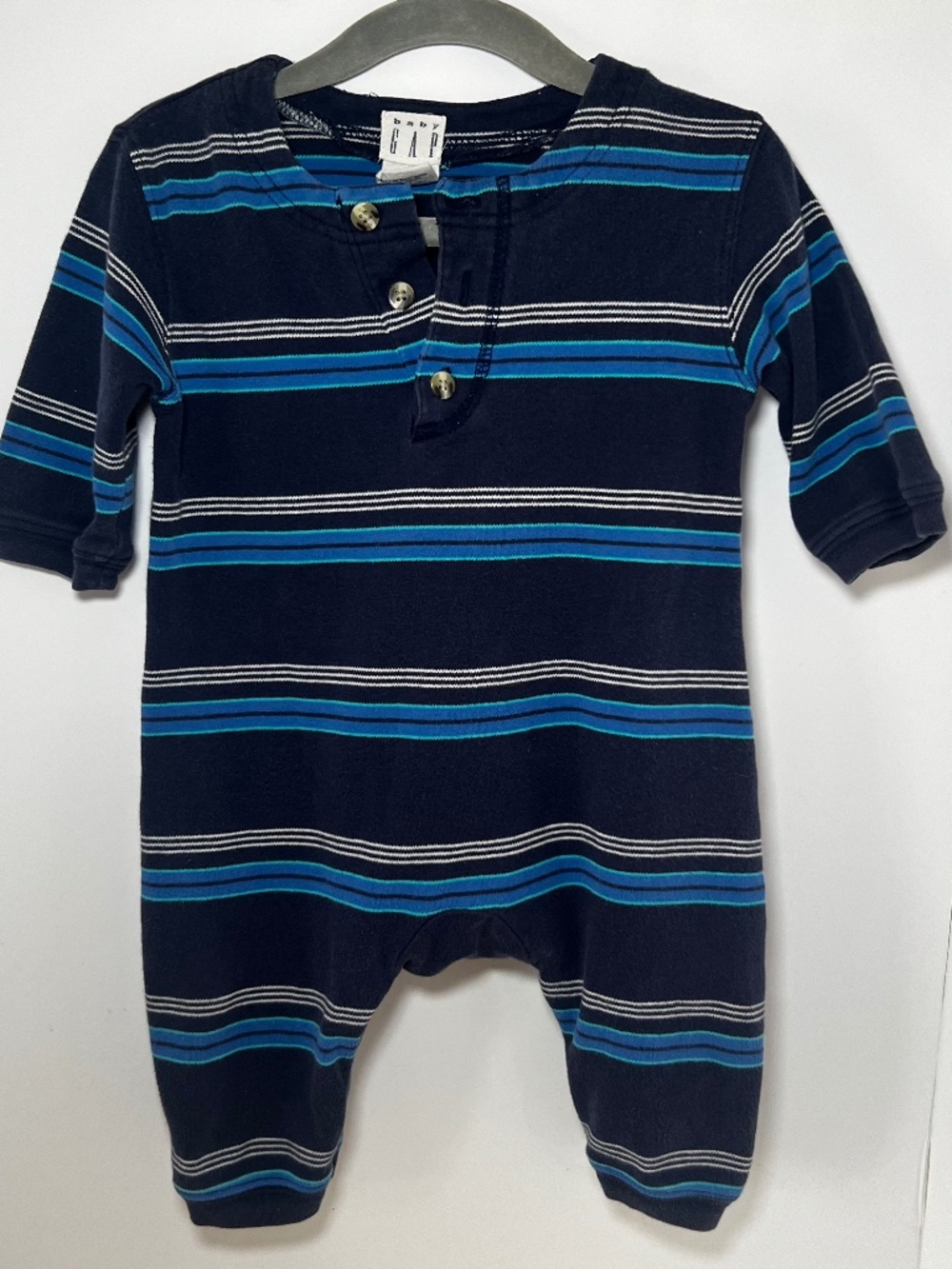 Vintage Baby Gap Navy Blue Striped Romper 90s Style Preppy Gorpcore Henley Soft